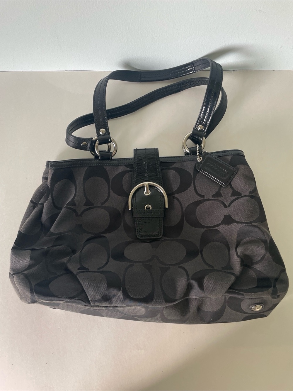 Coach Soho East West Black Signature Jacquard w/Black Patent Leather Trim Bag